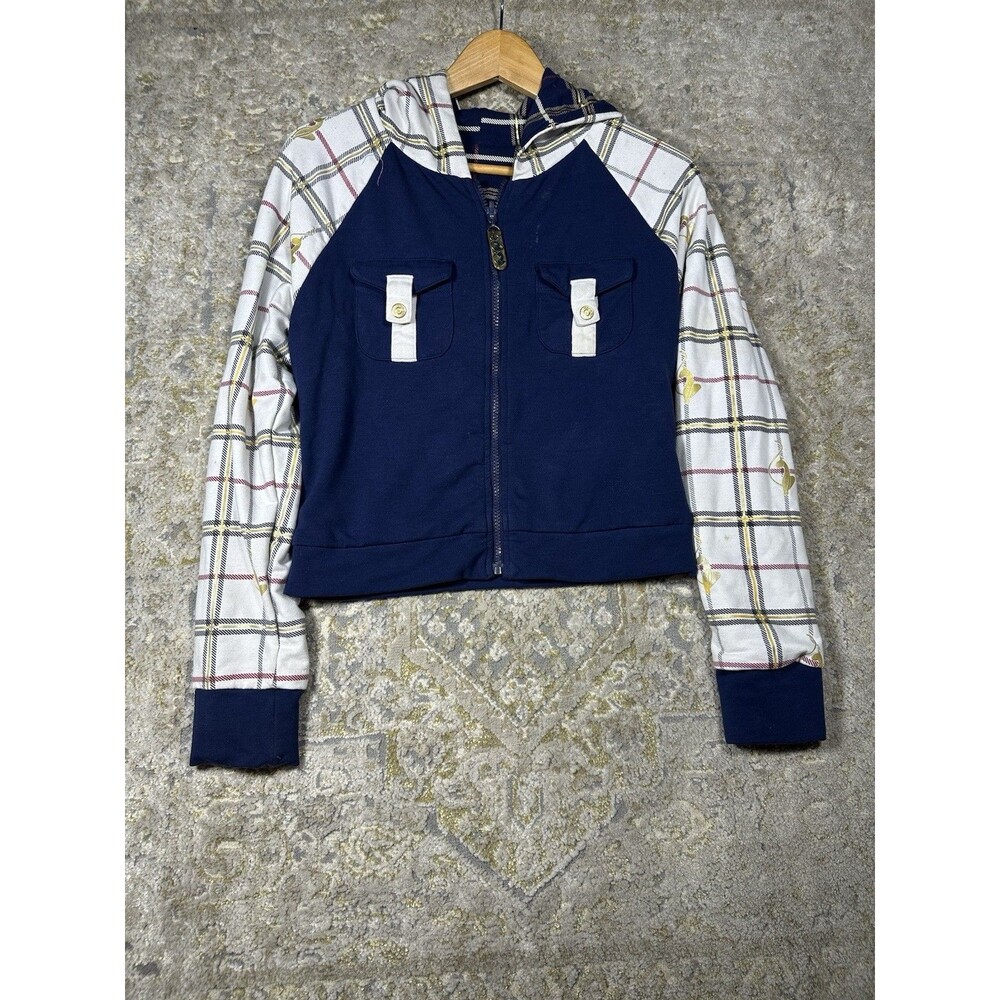 VTG Y2K Baby Phat Reversible Zip Hoodie Plaid Colorblock Navy Cat Logo Size XL